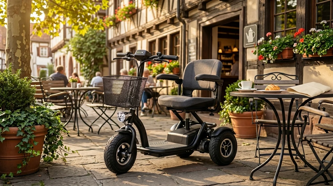 Aktivoma Scooter geparkt vor einem Caf&eacute; im Gr&uuml;nen
