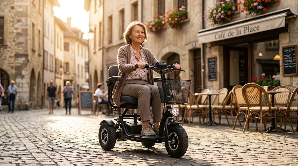 Seniorin unterwegs mit dem Aktivoma Scooter in einer sonnigen Altstadt